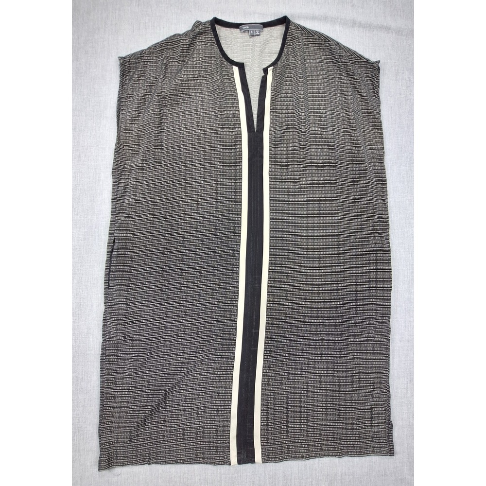 Vince Womens Black White 100% Silk Striped Shift Dress Split Neck Pockets Large